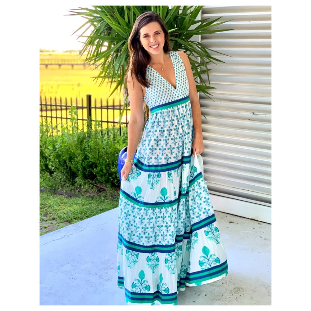 Ro’s Garden Turquoise and White Maxi Dress size small EUC